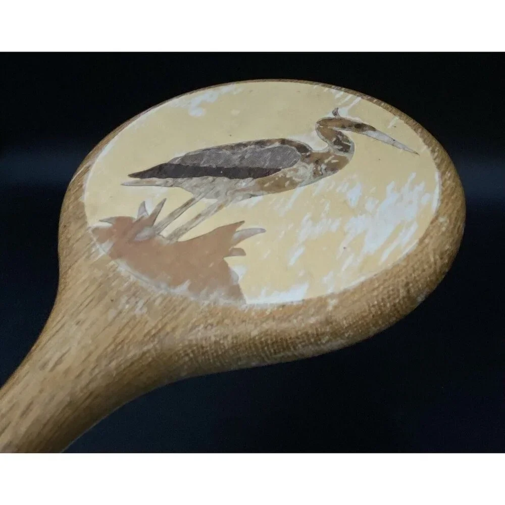 Marquetry Wood Crane Bird Inlay Vanity 11” Mirror Hand Held Beveled Glass READ